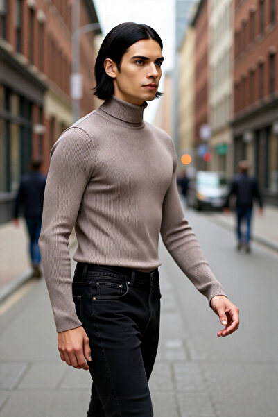 PayBuy Men's Fitted Turtleneck Ribbed Knit Sweater Ideal for Winter Days Offering Elegance and Comfort