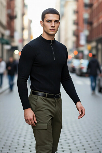 PayBuy Men's Fitted Stand Collar Zippered Ribbed Knit Sweater Stylish and Comfortable Cotton Polyester for Winter Season