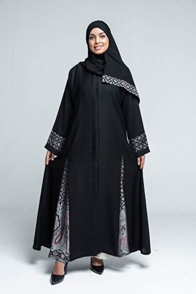 LAVİNİA Lavinia women's abaya, half-cloche, made of Internet fabric with colorful jacquard patterned fabric