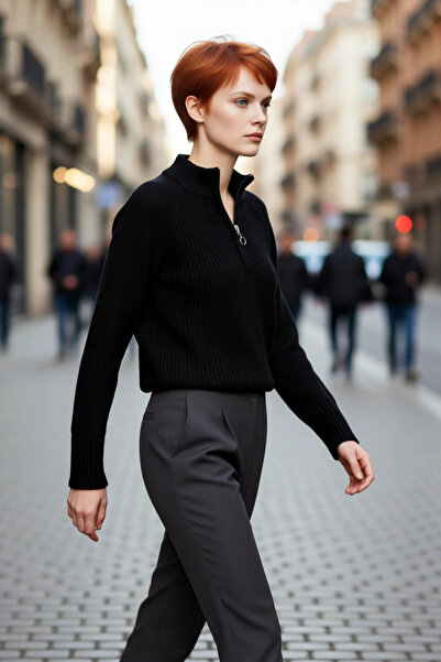 PayBuy سترة نسائية منسوجة من الأكريليك بياقة عالية وسحاب، تصميم قصير وفضفاض، مناسبة للشتاء