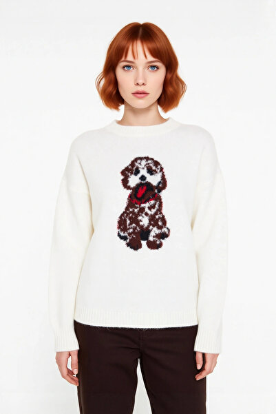 PayBuy Pulover de tricotat oversize pentru femei, cu model de câine, cu gâtul rotund, o alegere ideală pentru combinații confortabile și elegante de iarnă