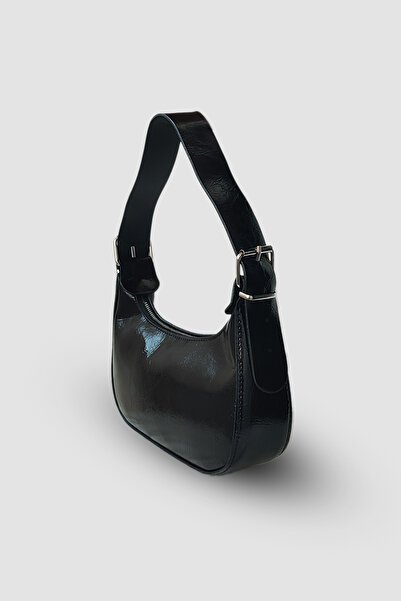 Madame Black Patent Leather Shoulder Bag Baguette