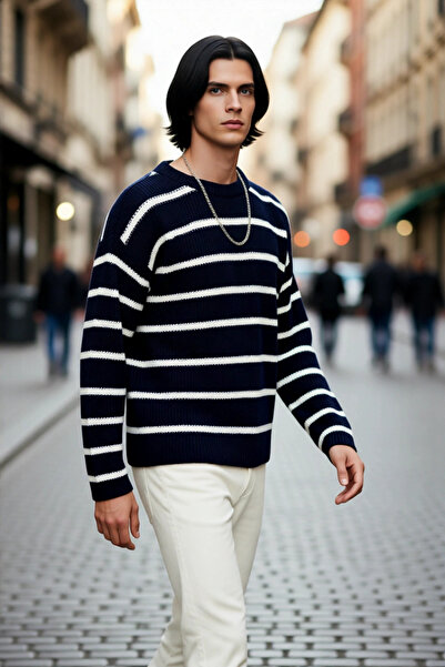 PayBuy Pulover de iarnă pentru bărbați, oversize, cu decolteu, cu dungi, țesu...