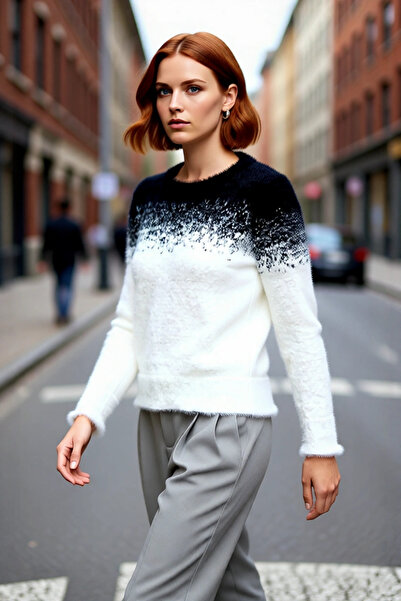 PayBuy Women's Gradient Patterned Crew Neck Regular Fit Long Sleeve Fuzzy Knit Sweater Winter Outfits