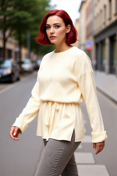 PayBuy Women's Relaxed Fit Belted Crew Neck Long Straight Ribbed Knit Sweater for Everyday Wear