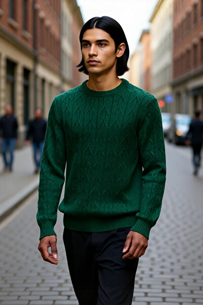 PayBuy Tricotaj texturat cu gât rotund pentru bărbați, pulover maro, începutu...