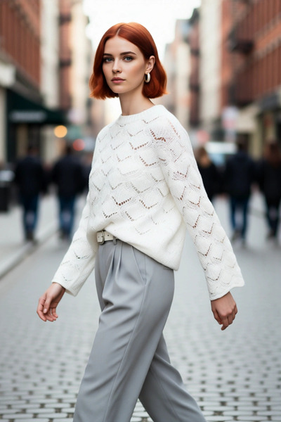 PayBuy Pulover de tricotat oversize ajurat pentru femei, cu gâtul rotund, ideal pentru combinații casual de iarnă și toamnă