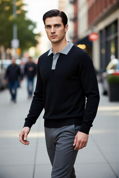 PayBuy Men's Regular Fit Polo Neck Color Block Long Sleeve Knitwear Sweater Ideal for Winter Season Stylish Clothing Product