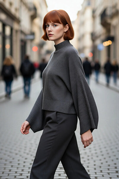 PayBuy سترة نسائية كبيرة الحجم بياقة عالية وأكمام إسبانية من الأكريليك، مريحة...