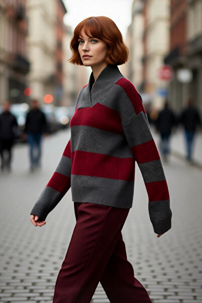 PayBuy سترة نسائية كبيرة الحجم ذات ياقة على شكل حرف V ومخططة بأكمام منخفضة، خ...