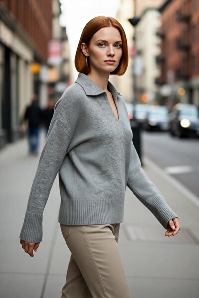 PayBuy Pulover de tricotat oversize pentru femei, cu guler polo, cu mâneci jo...