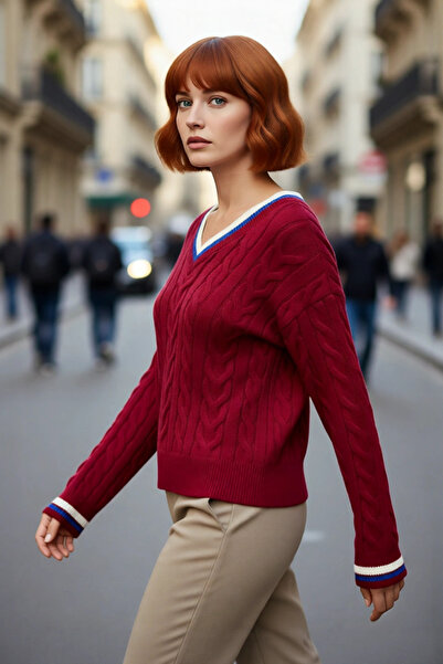 PayBuy Kadın Kolej Stil Saç Örgülü V Yaka Triko Kazak Regular Kalıp Rahat Şık...