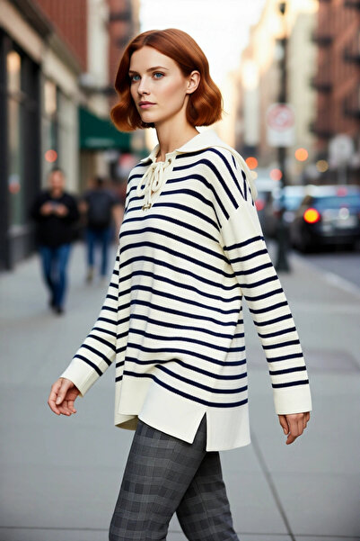 PayBuy Women's Relaxed Fit Striped Lace-Up Collar Knitwear Sweater Ideal Choice for Daily Use Quality