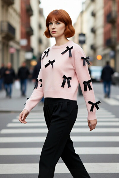 PayBuy Tricotaj cu mânecă lungă, cu decolteu rotund, cu detaliu de panglică, ...