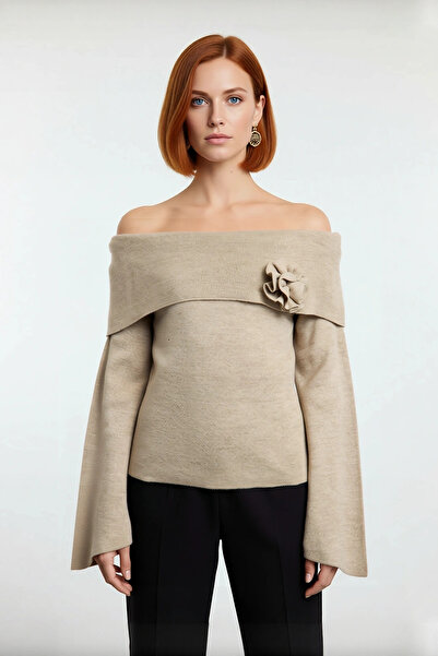 PayBuy Women's Rose Detailed Carmen Collar Knitwear Sweater Modern Stylish Regular Fit Bell Sleeve Comfortable Use Quality