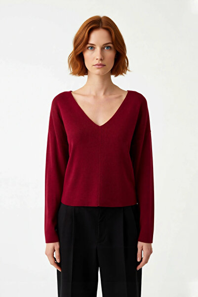 PayBuy Women's V-Neck Regular Fit Corset Stitching Detail Plain Knitwear Sweater for Winter and Fall Elegance