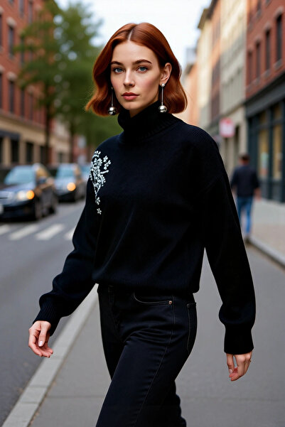 PayBuy Kadın Balıkçı Yaka Regular Kalıp Taş Detaylı Triko Kazak Orta Kalınlık...