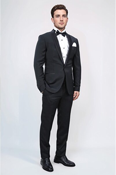 Velvarde Slim Fit Satin Shawl Collar Black Groom Suit