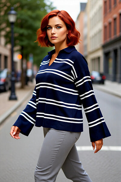 PayBuy سترة نسائية مريحة بقصة فضفاضة وياقة بولو مخططة من الأكريليك، توفر الرا...