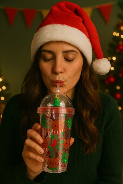 Lexi Bella Cute Deer Snowflake Christmas Tree Patterned Decorated Colorful Straw Mug Cup Water Bottle 450ml 2768C