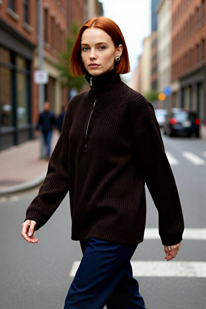 PayBuy سترة نسائية طويلة بياقة عالية وسحاب، تصميم عادي بأكمام منخفضة، محبوكة بنمط سالونيك، مناسبة للأيام الباردة