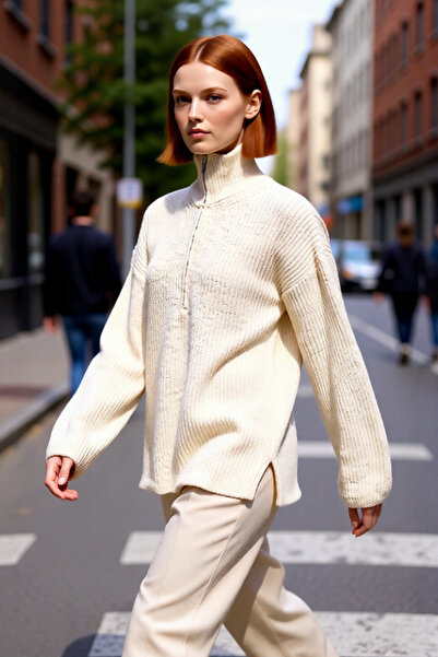 PayBuy سترة نسائية طويلة بياقة عالية وسحاب، تصميم عادي بأكمام منخفضة، محبوكة بنمط سالونيك، مناسبة للأيام الباردة