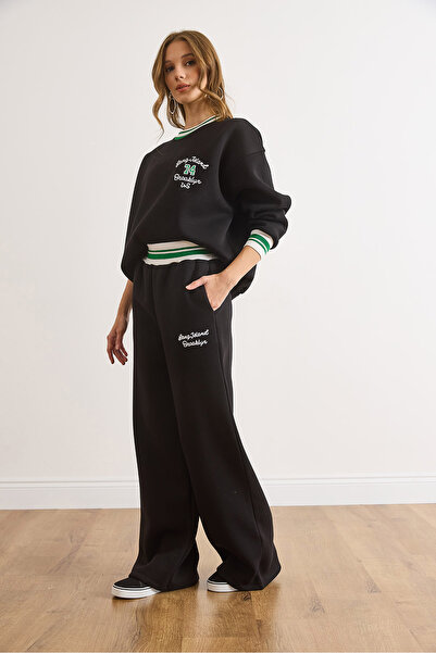 Olalook Kadın Siyah Şerit Detaylı Nakışlı Şardonlu Kalın Eşofman Takımı ETKM-0000086