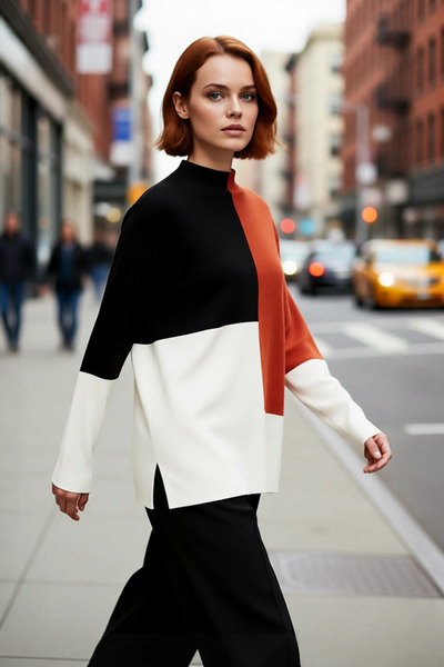 PayBuy Women's Relaxed Fit Stand Collar Color Block Knitwear Sweater Comforta...