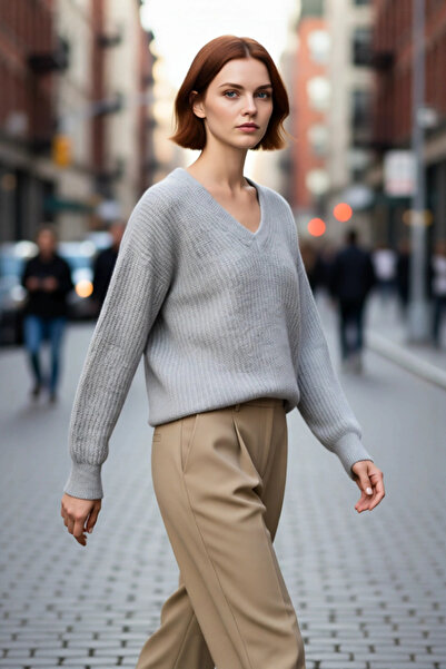 PayBuy Pulover de tricotat gri oversize pentru femei, cu decolteu în V, confo...