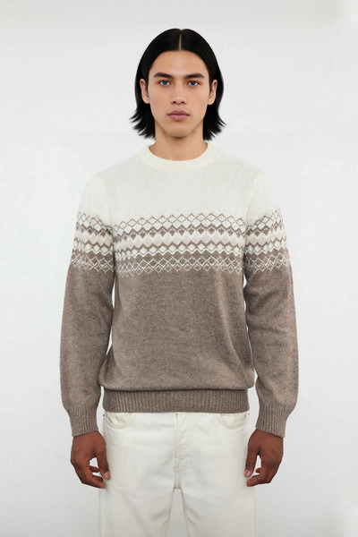 PayBuy Men's Fitted Ethnic Patterned Crew Neck Knit Sweater Ideal for Winter Days a Stylish and Comfortable One