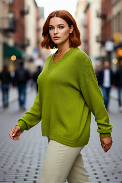 PayBuy Kadın V Yaka Büzgülü Kol Detaylı Triko Kazak Regular Kalıp Orta Kalınl...