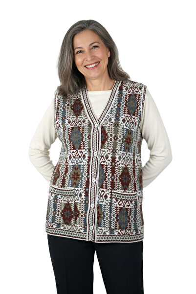 Oppland Kadın Kışlık Anne Yelek Pamuklu Triko Örme Etnik Desenli Cepli Düğmel...