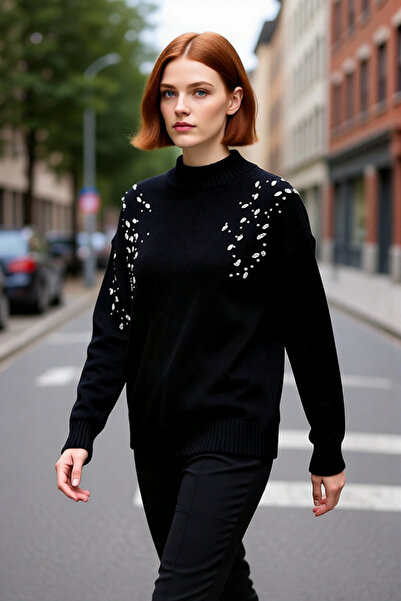 PayBuy Women's Knitwear Oversize Stand Collar Low Sleeve Stone Embroidered Sw...