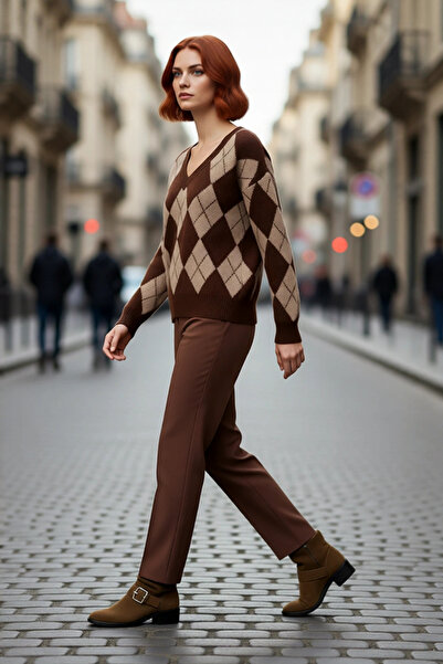 PayBuy Kadın Ekru Gri Oversize V Yaka Baklava Desen Düşük Kol Kalın Triko Kaz...