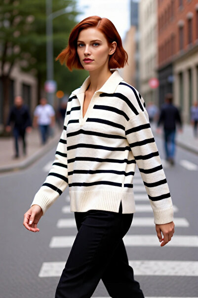 PayBuy سترة نسائية كبيرة الحجم بياقة بولو مخططة من التريكو، لا غنى عنها في مج...