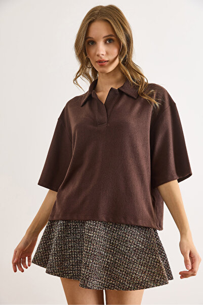 Olalook Women's Brown Polo Neck Flowy Soft Blouse Blz-19003140