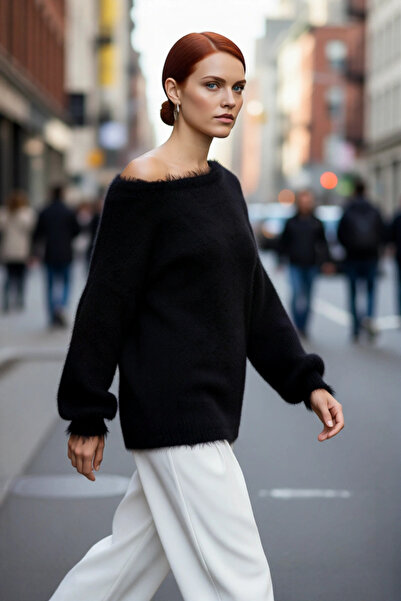 PayBuy Kadın Tüylü Dokulu Kayık Yaka Kalın Triko Kazak Regular Kalıp Uzun Kol...