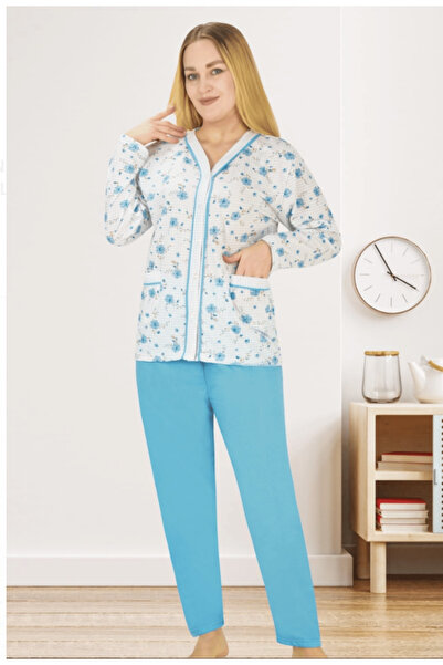 ELİS Büyük Beden %100 Pamuk Önden Düğmeli Kadın Pijama Takımı