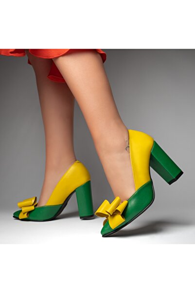 BMoD Women's yellow with green genuine leather shoes with thick heel and bow MOD12923