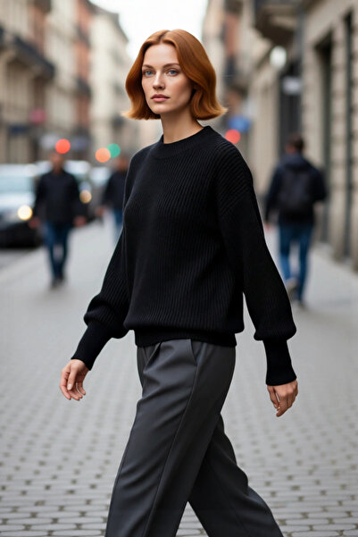 PayBuy سترة نسائية كبيرة الحجم بأكمام بالون منسوجة بياقة دائرية طويلة ومستقيمة من التريكو الأساسي 100% أكريليك