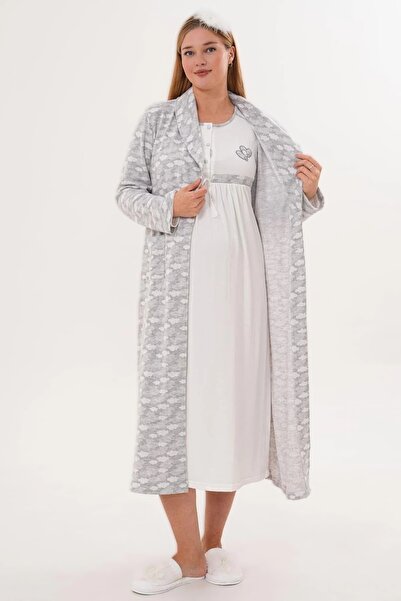 Pelin Women's Fleece Patterned Maternity Nightgown and Dressing Gown Set