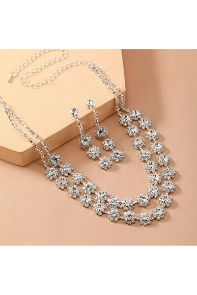 TAKİŞKO Completely Covered with Zircon Stones Silver Color Handmade Design Set