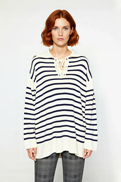 PayBuy Women's Relaxed Fit Striped Lace-Up Collar Knitwear Sweater Ideal Choice for Daily Use Quality