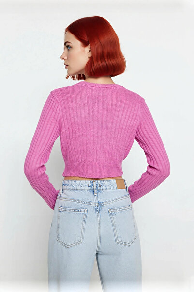 PayBuy Women's Anthracite Ribbed Double-Breasted Knit Sweater with Crop Cut, Stylish and Comfortable Outfits for Winter Days