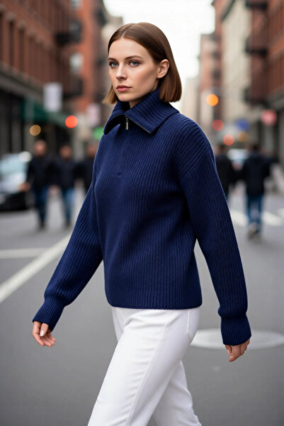 PayBuy سترة تريكو نسائية خاصة بقصة عادية وياقة قائمة مع سحاب وأكمام منخفضة للارتداء الشتوي المريح