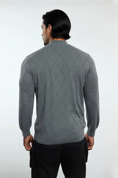 PayBuy Men's Gray Regular Fit Half Zipper Stand Collar Argyle Pattern Knitwear Winter Long Sleeve Sweater