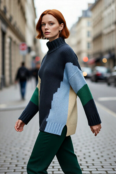 PayBuy سترة نسائية طويلة بياقة عالية وأكمام منخفضة بألوان متباينة من نسيج سالونيك للشتاء