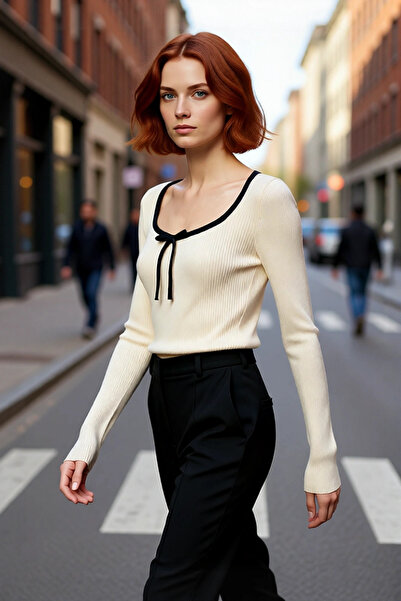 PayBuy Women's Pool Collar Ribbed Knit Sweater with Ribbon Bow Detail Complem...