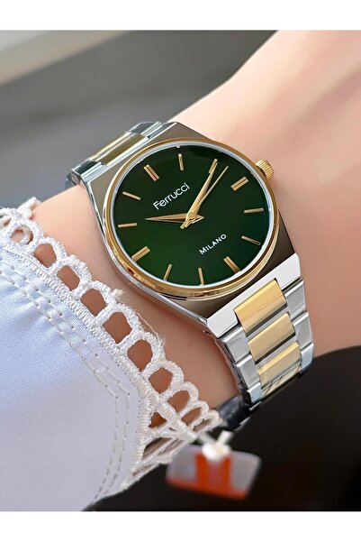 Ferrucci Women's Round Plain Green Dial Gold Silver Metal Band Wristwatch