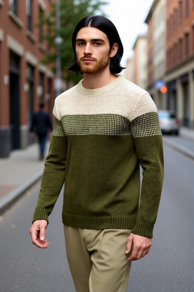PayBuy Men's Fitted Crew Neck Long Sleeve Color Block Acrylic Knit Sweater Ideal for Everyday Chic
